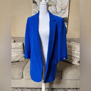 Zara Bright Blue Open-Front Blazer with Pearl Cuff Buttons
